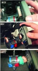 Figure 8a-c. Coupler set up for BTE, RIC, and ITE tele-test handset testing. Note the use of the magnet on the tele-test handset with the RIC. Its use allows for verification of autocoil function.