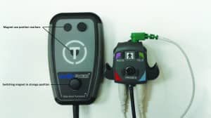 Figure 1. The Tele-Test Handset developed for use with the Audioscan Verifit2. This figure illustrates the magnet which can be moved to the various position markers for use with hearing aids with autocoil function.