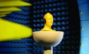 Figure 3. Mannequin head placed within the anechoic SATIMO chamber at Starkey Hearing Technologies’ research facility in Eden Prairie, Minn.