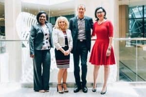 More than 125 hearing care professionals from across the US participated in the 2017 Oticon Drive Marketing Conference held June 9 - 11 in Charlotte, North Carolina. (L-R) Oticon Vice President of Marketing Sheena Oliver, Nancy Palmere, Director Consumer Marketing & PR and expert presenters David Meerman Scott, best-selling author and social media guru, and Karen Post, President of Brain Tattoo Branding.