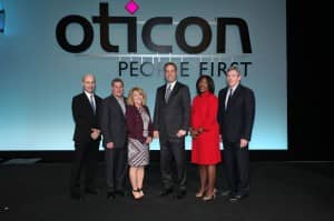 Presenters (l-r): Douglas L. Beck, AuD; Executive Director of Academic Sciences, Bill Taylor, Entrepreneur and Co-founder, Fast Company; Nancy Palmere, director of consumer marketing and PR; Oticon President Gary Rosenblum; Sheena Oliver, AuD, vice president of marketing; and Don Schum, PhD, vice president of Audiology. Not shown: Daniel Burrus, technology futurist and innovation and business strategist.