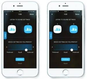 Figure 2. Example user interface for machine learning input based on paired comparison as seen in SoundSense Learn. The user compares two parameter settings and selects the one which is the most preferred for his/her auditory intention. The SoundSense Learn feature then calculates the most likely ideal setting for the next comparison, step by step, getting closer to an ideal setting for the user’s auditory intention. Only 20 iterations are needed to reach an optimal setting.