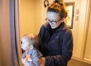 A deaf infant observes objects on a screen in a study conducted by The Ohio State University Wexner Medical Center to examine cognitive development. The study found that differences in development among hearing-impaired babies exist even among visual learning and begin very early in life.