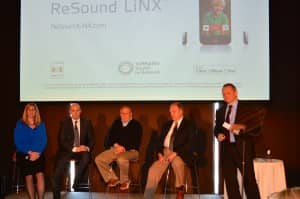 Pictured from left to right: Laurel Christensen, Chief Audiology Officer, GN ReSound, Morten Hansen, Vice President of Partnerships and Connectivity, GN ReSound, Dick Loizeaux, Wearer of ReSound LiNX, Dr. Ken Smith, Wearer and Audiologist based in the bay area, Lars Viksmoen, CEO, GN ReSound.