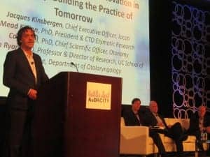 A special presentation on disruptive innovation in hearing healthcare featured viewpoints from Jacque Kinsbergen of Jacoti, moderator Michael Cohen, Carl LeBel of Otonomy, Mead Killion of Etymotic Research, and Allen Ryan of the University of California-San Diego.