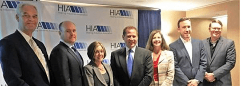 HIA Leadership ’17 from the left: Jan Metzdorff, president, Phonak LLC, Jeffrey Geigel, president, Widex USA, Inc., Carole Rogin, president, HIA, Brandon Sawalich, senior vice president, Starkey Hearing Technologies, Kim Lody, president, GN Hearing, Gary Rosenblum, president, Oticon, Inc., Scott Davis. Not shown: Steven Mahon, CEO Sivantos.