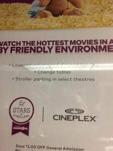 Figure 1. This hastily snapped photo from my phone, taken over the hand-dryer in a theater bathroom, boasts that as part of its “friendly environment” this movie features “Lowered volume and dimmed lighting.”