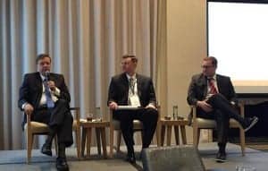 Former Federal Trade Commission (FTC) chair Tim Muris answers a question during the HIA annual meeting panel titled, “FTC Update and Looking Forward,“ March 20, 2018 at the W Hotel, Washington, DC. Pictured (l to r): Tim Muris, senior counsel, Sidley Austin and former chair, FTC 2001-2004; Chris Ondeck, partner, Proskauer; Chase Cannon, legislative counsel, American Optometric Association and executive director, Healthcare Alliance for Patient Safety.