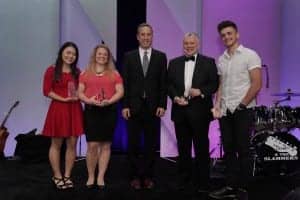 (Left to right): First place winners Celine Yang (Student category); Clare Wolf (Adult); Oticon President Gary Rosenblum; Johnnie Sexton, AuD (Practitioner), and Special Achievement Award winner Jonathan Hutcherson. Not shown, Jamie McClintic, first place winner in the Advocacy category.