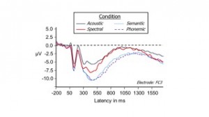 Figure 2. Auditory event-related potentials (AERPs) to non-target words under four conditions: 1) Black curve - while listening for target bursts of white noise embedded among randomly selected CVC words; 2) Red curve - while listening for target words that have been recorded by a female talker, embedded among randomly selected CVC words recorded by a male talker; 3) Dashed purple curve - while listening for target words rhyming with the word “jet,” embedded among randomly selected CVC words; 4) Blue curve - while listening for target words that were either body parts or articles of clothing, embedded among randomly selected CVC words. Note the progressively increasing negativity of the PN component as complexity of the auditory input increases.