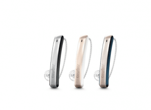 Wearers of the ultra-slim Styletto Connect hearing aids from the Signia brand can express their individual style by choosing one of three elegant color combinations. Copyright: Sivantos