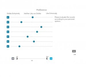 Figure 3. User interface for the preference test. The user interface for the attribute test was similar, but the scale indicated the degree to which the sound fulfilled the particular attribute being evaluated.